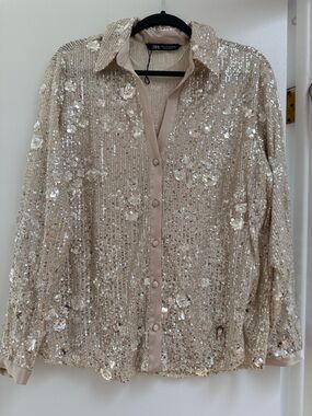 Zara Champagne Sequin Floral Button-Front Blouse